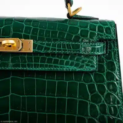 Hermès HSS Kelly 25 Sellier Emerald and Cassis Shiny Niloticus Crocodile Brushed Gold Hardware replica bags