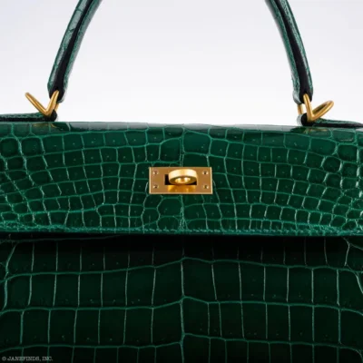 Hermès HSS Kelly 25 Sellier Emerald and Cassis Shiny Niloticus Crocodile Brushed Gold Hardware replica bags