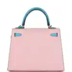 Hermès HSS Kelly 25 Sellier Rose Sakura and Bleu Aztec Chevre Brushed Gold Hardware Replica inspired