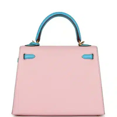 Hermès HSS Kelly 25 Sellier Rose Sakura and Bleu Aztec Chevre Brushed Gold Hardware Replica inspired