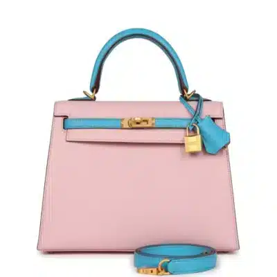 Hermès HSS Kelly 25 Sellier Rose Sakura and Bleu Aztec Chevre Brushed Gold Hardware Replica inspired