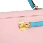 Hermès HSS Kelly 25 Sellier Rose Sakura and Bleu Aztec Chevre Brushed Gold Hardware Replica inspired