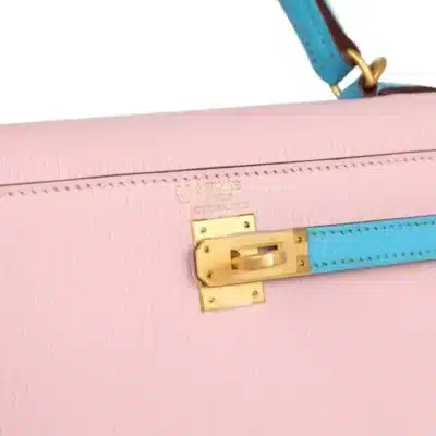 Hermès HSS Kelly 25 Sellier Rose Sakura and Bleu Aztec Chevre Brushed Gold Hardware Replica inspired