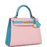 Hermès HSS Kelly 25 Sellier Rose Sakura and Bleu Aztec Chevre Brushed Gold Hardware Replica inspired