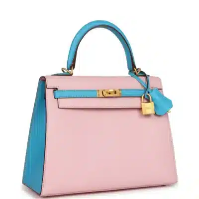 Hermès HSS Kelly 25 Sellier Rose Sakura and Bleu Aztec Chevre Brushed Gold Hardware Replica inspired