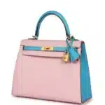 Hermès HSS Kelly 25 Sellier Rose Sakura and Bleu Aztec Chevre Brushed Gold Hardware Replica inspired