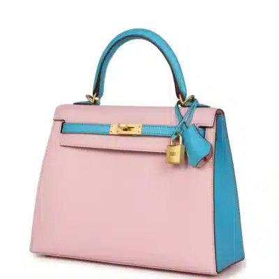 Hermès HSS Kelly 25 Sellier Rose Sakura and Bleu Aztec Chevre Brushed Gold Hardware Replica inspired