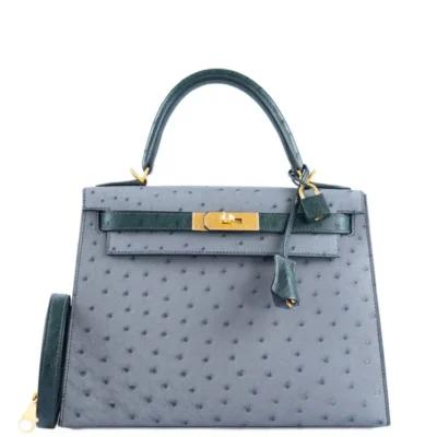 Hermès HSS Kelly 28 Sellier Gris Agate and Vert Titien Ostrich Brushed Gold Hardware Replica Designer Bags