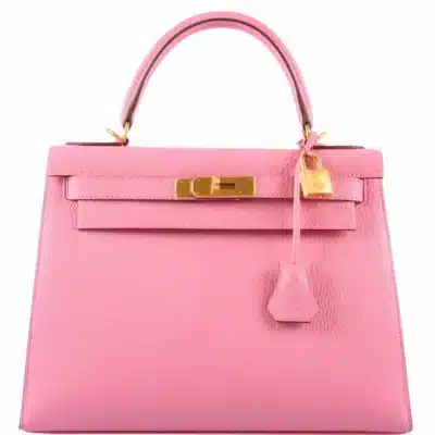 Hermès HSS Kelly 28 Sellier Rose Confetti & Blue Paradis Chevre Brushed Gold Hardware Luxury replica handbag