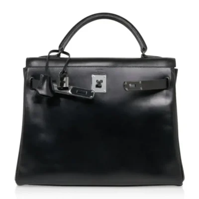 Hermès HSS Limited Edition Kelly 32 Black Box Calfskin Black Enamel Hardware Replica luxury handbag