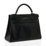 Hermès HSS Limited Edition Kelly 32 Black Box Calfskin Black Enamel Hardware Replica luxury handbag