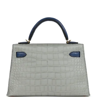 Hermès HSS Mini Kelly 20 Sellier Gris Perle and Bleu De Malte Matte Alligator Mississippiensis Gold Hardware replica bags