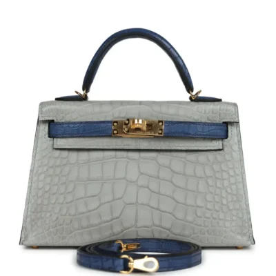 Hermès HSS Mini Kelly 20 Sellier Gris Perle and Bleu De Malte Matte Alligator Mississippiensis Gold Hardware replica bags