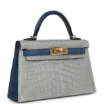 Hermès HSS Mini Kelly 20 Sellier Gris Perle and Bleu De Malte Matte Alligator Mississippiensis Gold Hardware replica bags