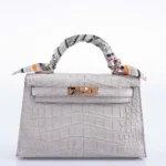 Hermès HSS Mini Kelly 20 Sellier Gris Perle and Jaune Ambre Interior Matte Alligator Mississippiensis Permabrass Hardware Lushentic Bags