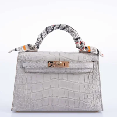 Hermès HSS Mini Kelly 20 Sellier Gris Perle and Jaune Ambre Interior Matte Alligator Mississippiensis Permabrass Hardware Lushentic Bags