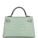 Hermès HSS Mini Kelly Sellier Vert D'Eau and Gris Perle Matte Alligator Mississippiensis Permabrass Hardware Quality Rep