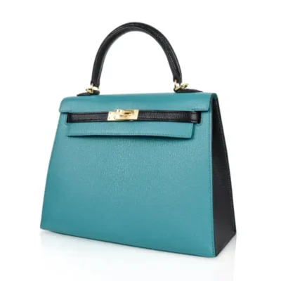 Hermès HSS Rare Collectible Kelly 25 Sellier Blue Paon And Black Chevre Mysore Gold Hardware Lushentic replica handbags