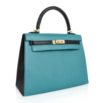 Hermès HSS Rare Collectible Kelly 25 Sellier Blue Paon And Black Chevre Mysore Gold Hardware Lushentic replica handbags