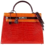 Hermès HSS Rare Collectible Kelly 35 Tri-Color lush Braise/Bordeaux/Orange Shiny Porosus Crocodile Palladium Hardware replica bags