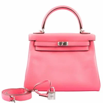 Hermès Kelly 25 Retourne Rose Azalee Swift Palladium Hardware Lushentic bags