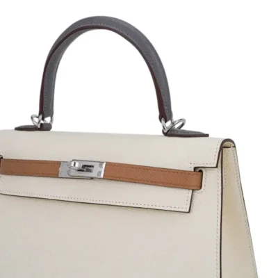 Hermès Kelly 25 Sellier Nata/Chai/Gris Meyer Epsom Palladium Hardware Handmade replica bags