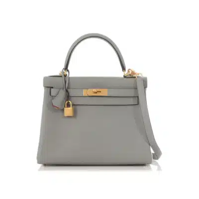 Hermès Kelly 28 Gris Mouette and Rose Indien Clémence Brushed Gold Hardware Lushentic Grade bags