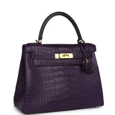 Hermès Kelly 28 Retourne Amethyst Matte Alligator Mississippiensis Gold Hardware Lushentic inspired bags