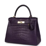 Hermès Kelly 28 Retourne Amethyst Matte Alligator Mississippiensis Gold Hardware Lushentic inspired bags