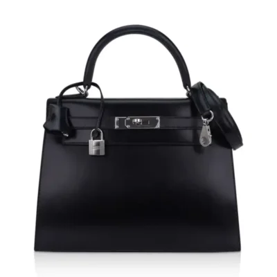 Hermès Kelly 28 Sellier Black Box Calfskin Palladium Hardware Lushentic bags