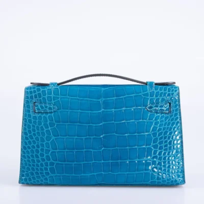 Hermès Kelly Pochette Blue Izmir Shiny Alligator Mississippiensis Palladium Hardware Lushentic Replica