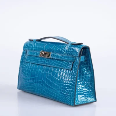 Hermès Kelly Pochette Blue Izmir Shiny Alligator Mississippiensis Palladium Hardware Lushentic Replica