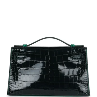 Hermès Kelly Pochette Emerald and Vert Rousseau Shiny Alligator Mississippiensis Palladium Hardware High-quality replica