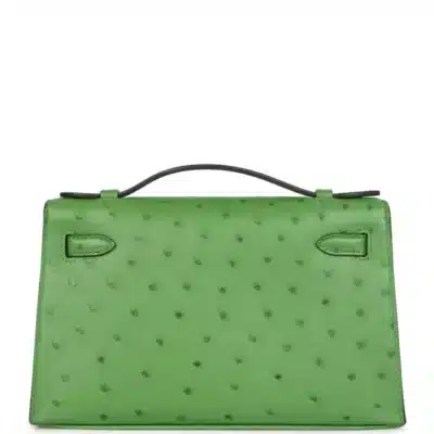 Hermès Kelly Pochette Vert Yucca Ostrich Palladium Hardware Replica Bags