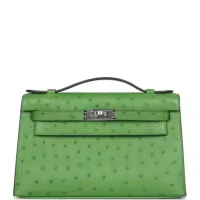 Hermès Kelly Pochette Vert Yucca Ostrich Palladium Hardware Replica Bags