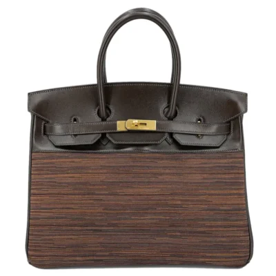 Hermès Limited Edition Birkin 35 Ebene/Orange Vibrato/Goatskin & Box Calfskin Brushed Gold Hardware Lushentic Grade bags