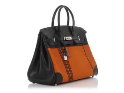 Hermès Limited Edition Birkin 35 Orange/Black Box Calfskin & Toile Potamus Palladium Hardware Replica inspired