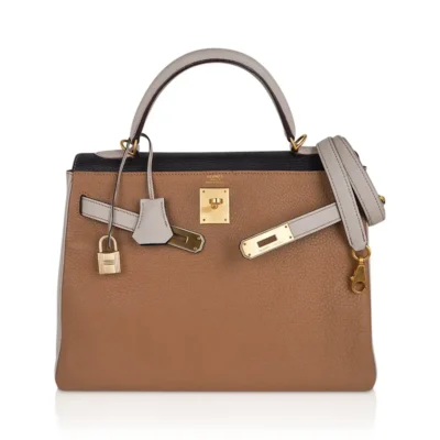 Hermès Limited Edition Kelly 32 Tri-Color Bag Tabac Camel/Ebene/Parchemin Clemence Brushed Gold Hardware Replica Designer Bags