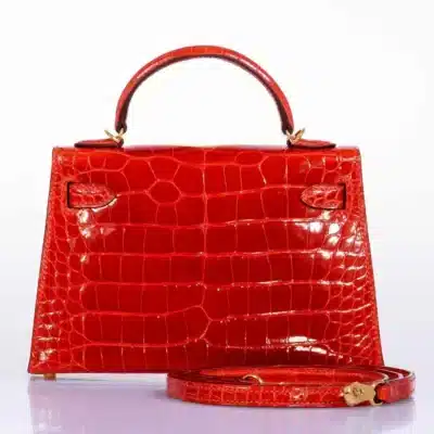 Hermès Limited Edition Mini Kelly 20 II Sellier Geranium Shiny Niloticus Crocodile Gold Hardware Lushentic Grade Bags