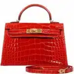 Hermès Limited Edition Mini Kelly 20 II Sellier Geranium Shiny Niloticus Crocodile Gold Hardware Lushentic Grade Bags