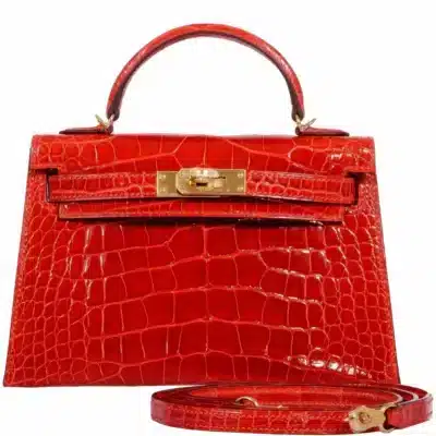 Hermès Limited Edition Mini Kelly 20 II Sellier Geranium Shiny Niloticus Crocodile Gold Hardware Lushentic Grade Bags