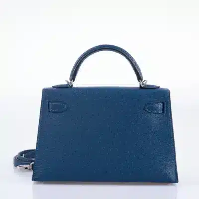 Hermès Mini Kelly 20 II Sellier Verso Blue Deep and Ebène Chèvre Palladium Hardware Lushentic Replica