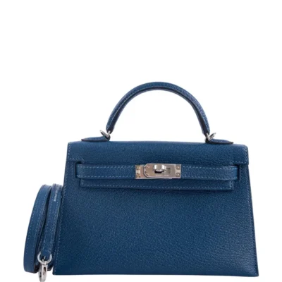 Hermès Mini Kelly 20 II Sellier Verso Blue Deep and Ebène Chèvre Palladium Hardware Lushentic Replica