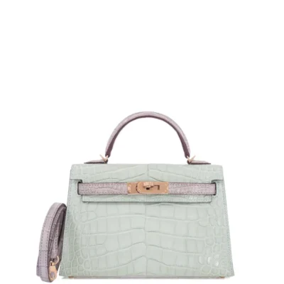 Hermès Mini Kelly 20 II Sellier Vert D'eau and Gris Perle Matte Alligator Mississippiensis Permabrass Hardware Quality Replica