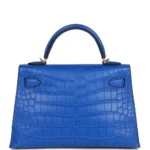 Hermès Rare Collectible Mini Kelly 20 II Sellier Blue Sapphire Shiny Porosus Crocodile Diamond Encrusted 18k White Gold Hardware Best Lushentic Bags