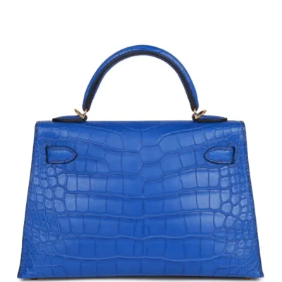 Hermès Rare Collectible Mini Kelly 20 II Sellier Blue Sapphire Shiny Porosus Crocodile Diamond Encrusted 18k White Gold Hardware Best Lushentic Bags