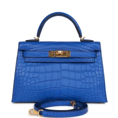 Hermès Rare Collectible Mini Kelly 20 II Sellier Blue Sapphire Shiny Porosus Crocodile Diamond Encrusted 18k White Gold Hardware Best Lushentic Bags