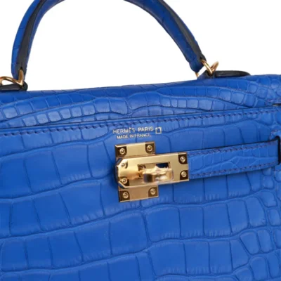 Hermès Rare Collectible Mini Kelly 20 II Sellier Blue Sapphire Shiny Porosus Crocodile Diamond Encrusted 18k White Gold Hardware Best Lushentic Bags