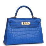 Hermès Rare Collectible Mini Kelly 20 II Sellier Blue Sapphire Shiny Porosus Crocodile Diamond Encrusted 18k White Gold Hardware Best Lushentic Bags