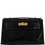 Hermès Rare Collectible 2019 Kelly Pochette Black Shiny Alligator Mississippiensis JPG Gold Hardware Lushentic replica handbags